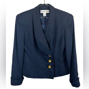 Christian Dior Cropped Long Sleeve Double Breasted Blazer Navy
